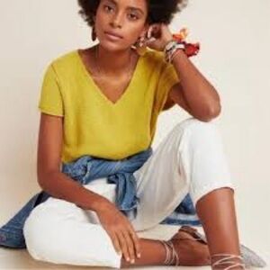Anthropologie Valentina Cotton blend Yellow V-Neck Short Sleeve Sweater XS